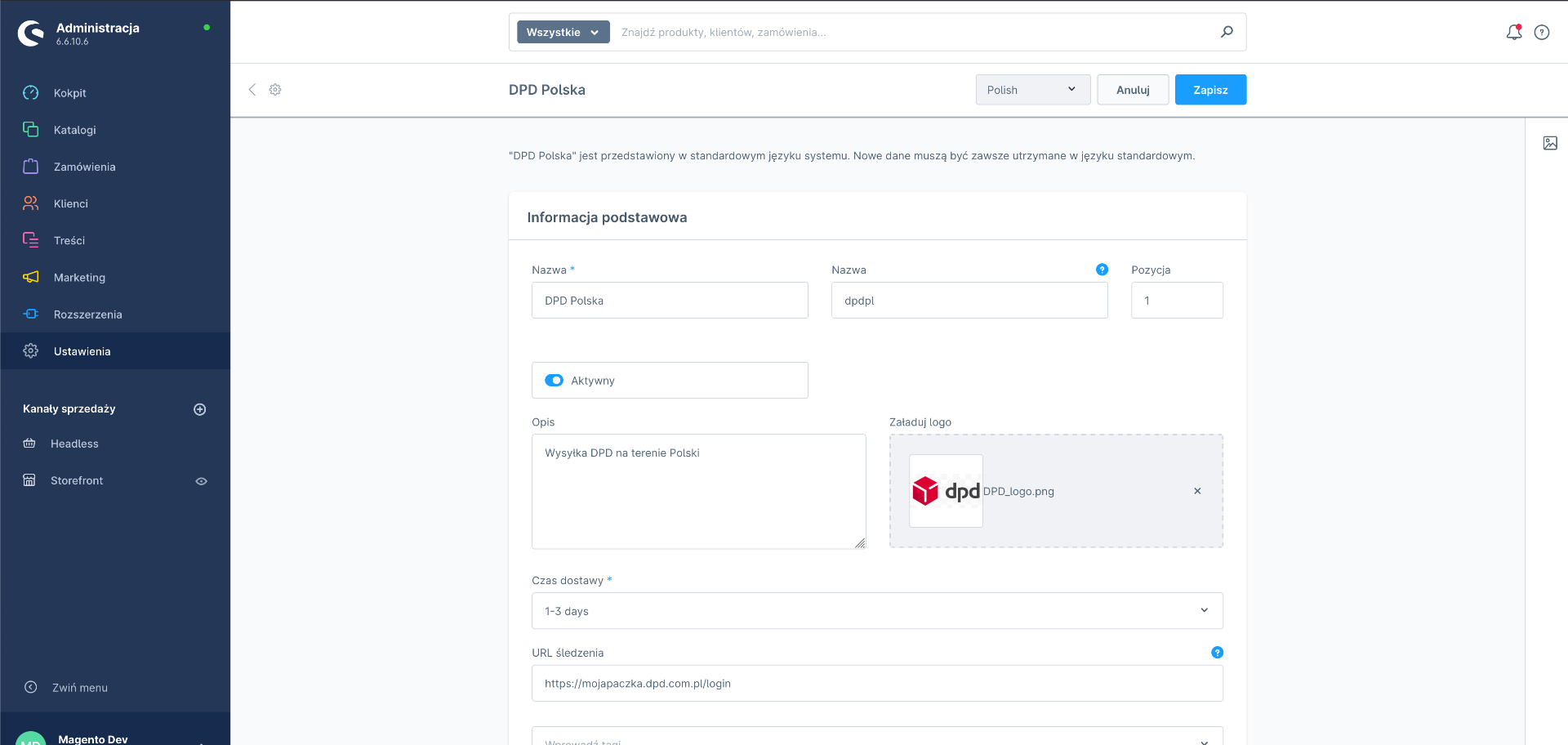 konfiguracja wysyłki